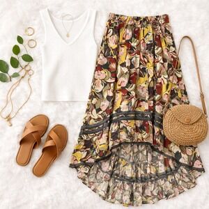 Torrid Crinkle Gauze Hi Low Floral Maxi Skirt Women 2X Mustard Boho Whimsigoth